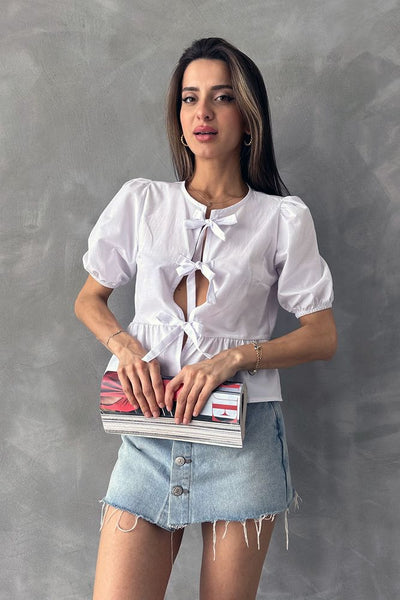 Topshow White Front-Tie Poplin Wholesale Blouse