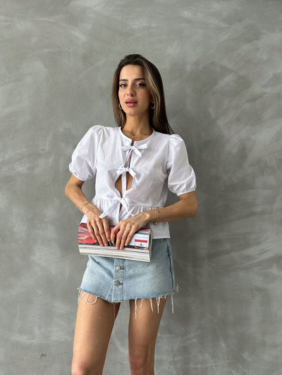 Topshow White Front-Tie Poplin Wholesale Blouse