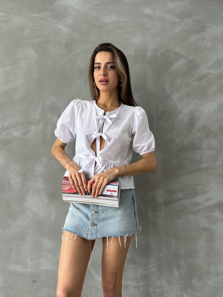 Topshow White Front-Tie Poplin Wholesale Blouse