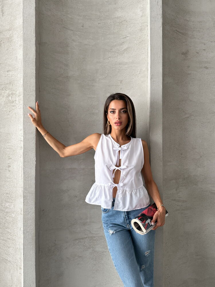 Topshow White Front Tie Wholesale Blouse