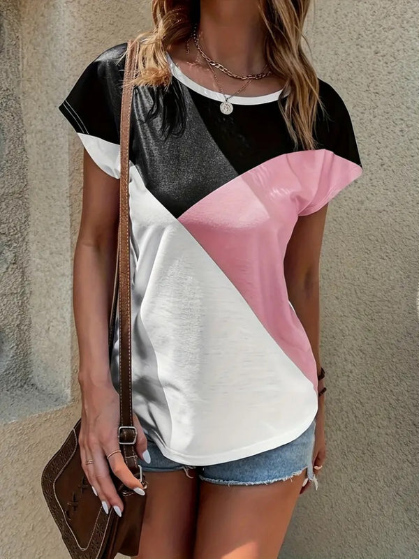 Tricou de damă cu guler rotund, din viscoză tricoloră, 17652