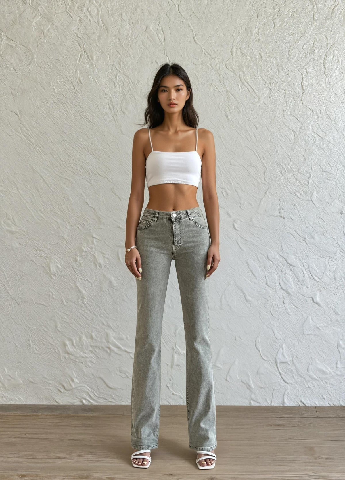 Blugi kaki pentru femei cu talie înaltă și crop top