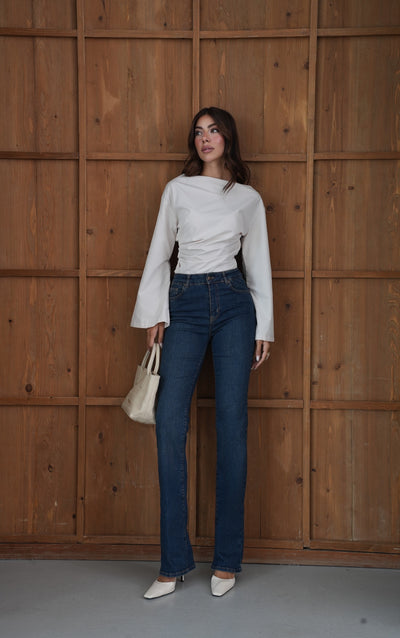 Yüksek Bel Yarım İspanyol Paça Dark Blue Tint Jean Pantolon