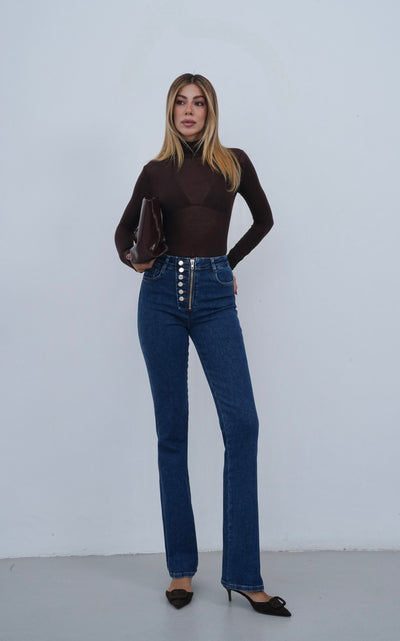 Yüksek Bel Önden Düğme Detaylı Fermuarlı Yarım Boru Paça Dark Blue Jean Pantolon