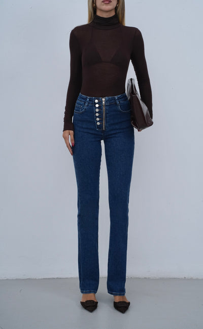 Yüksek Bel Önden Düğme Detaylı Fermuarlı Yarım Boru Paça Dark Blue Jean Pantolon