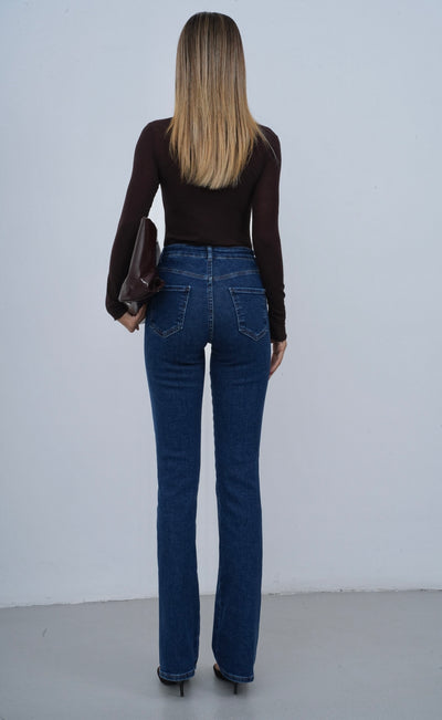 Yüksek Bel Önden Düğme Detaylı Fermuarlı Yarım Boru Paça Dark Blue Jean Pantolon