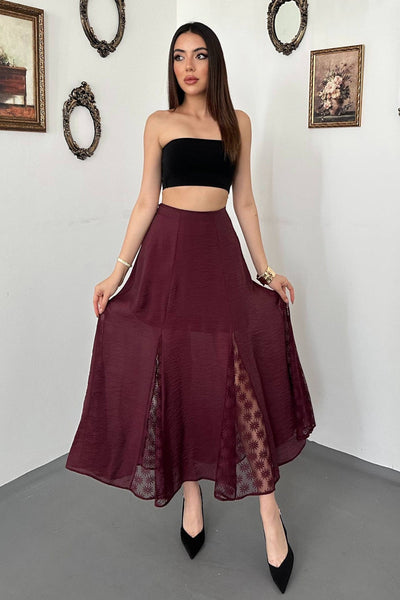 Bordo Dantelli Kraşlı Etek