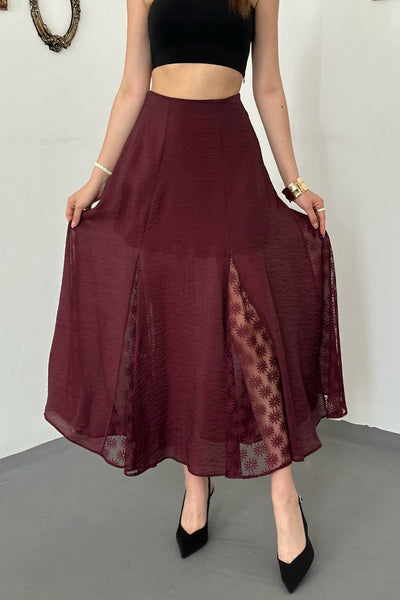 Bordo Dantelli Kraşlı Etek