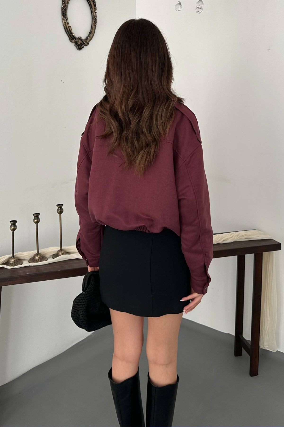 Bordo Dik Yakalı Kısa Ceket