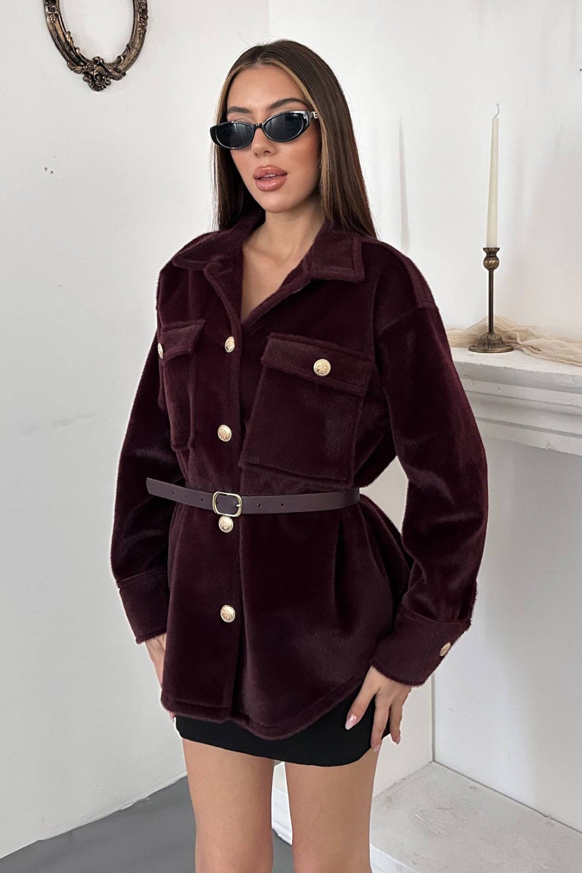 Bordo Kaşe Gold Düğmeli Gömlek