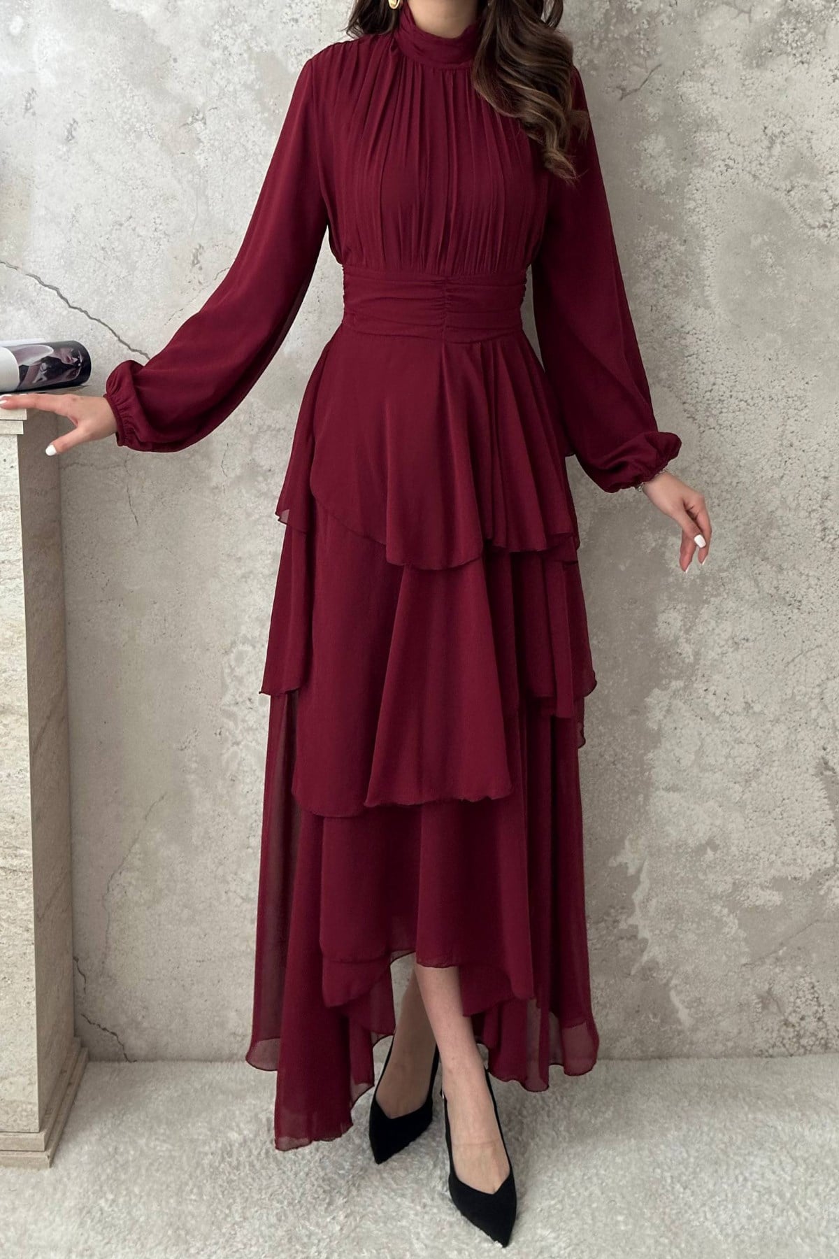 Bordo Kat Kat Bel Detaylı Elbise