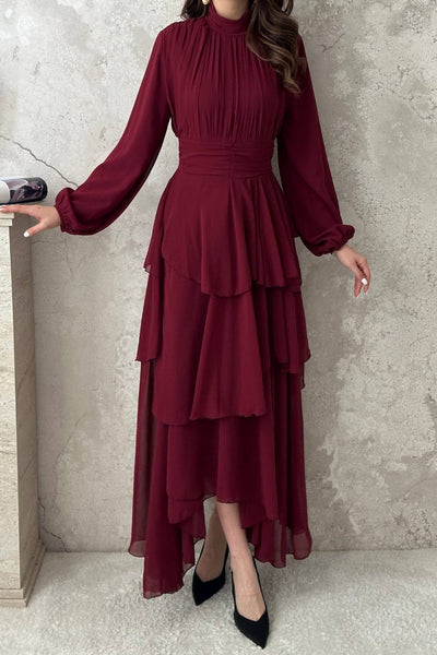 Bordo Kat Kat Bel Detaylı Elbise