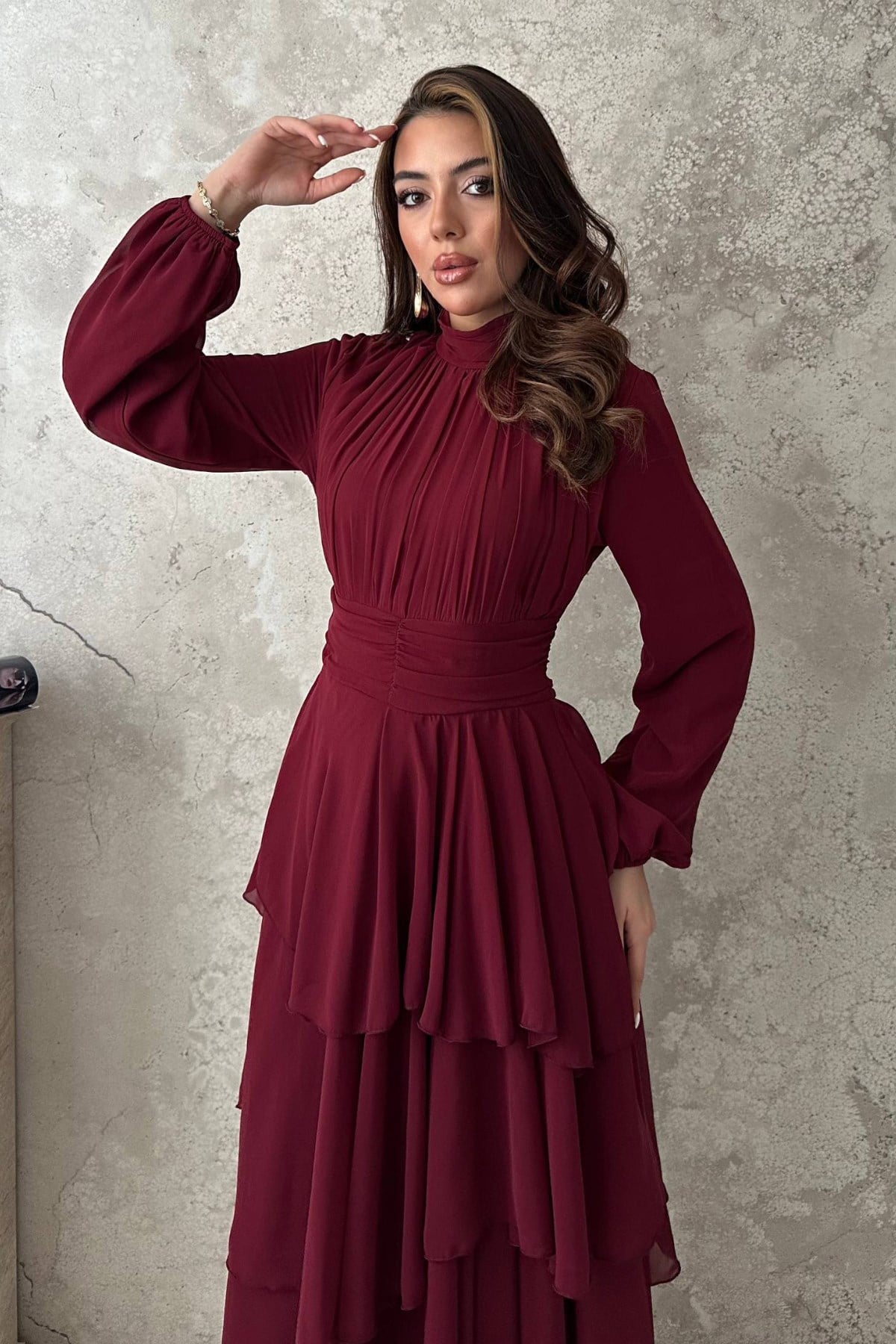 Bordo Kat Kat Bel Detaylı Elbise