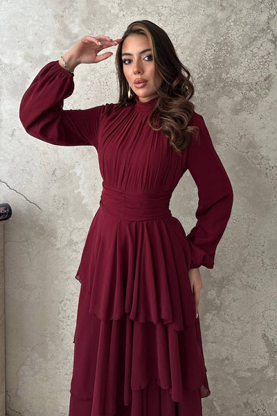 Bordo Kat Kat Bel Detaylı Elbise