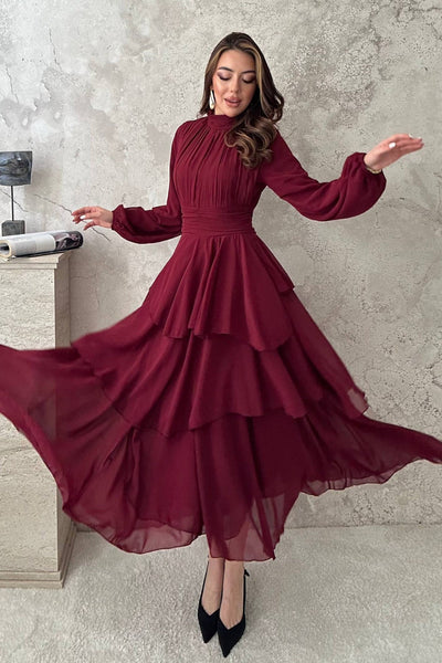 Bordo Kat Kat Bel Detaylı Elbise