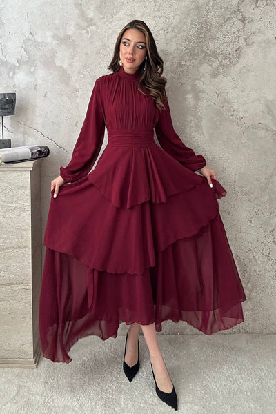 Bordo Kat Kat Bel Detaylı Elbise