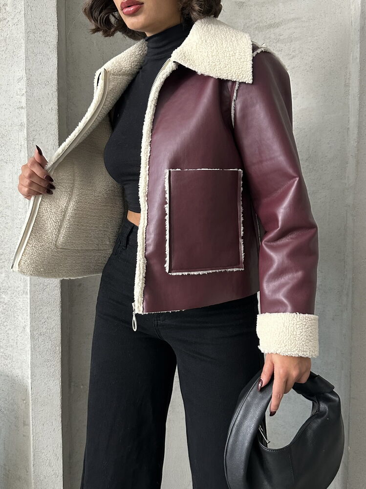 Wholesale Zipped Leather Jacket - Burgundy Cream