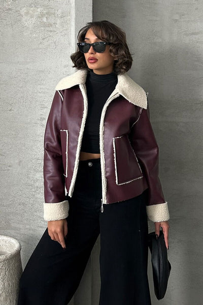 Wholesale Zipped Leather Jacket - Burgundy Cream