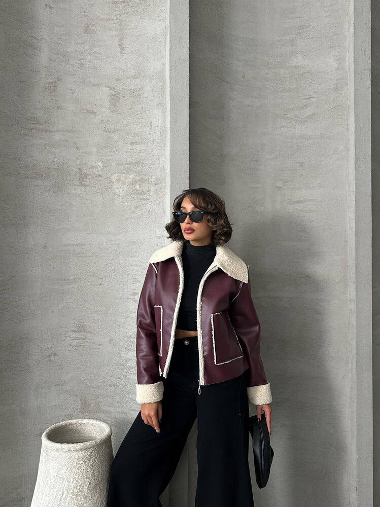 Wholesale Zipped Leather Jacket - Burgundy Cream
