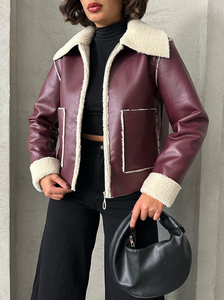 Wholesale Zipped Leather Jacket - Burgundy Cream