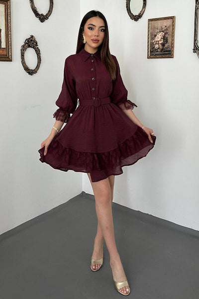 Bordo Önü Patlı Dantelli Elbise