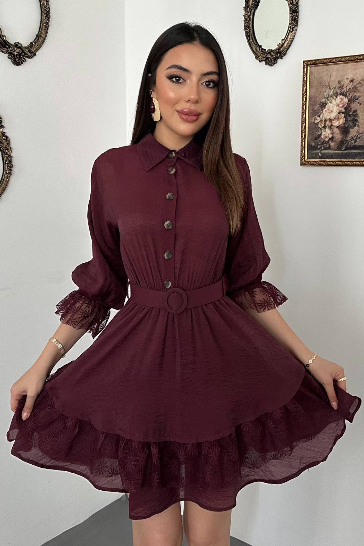 Bordo Önü Patlı Dantelli Elbise