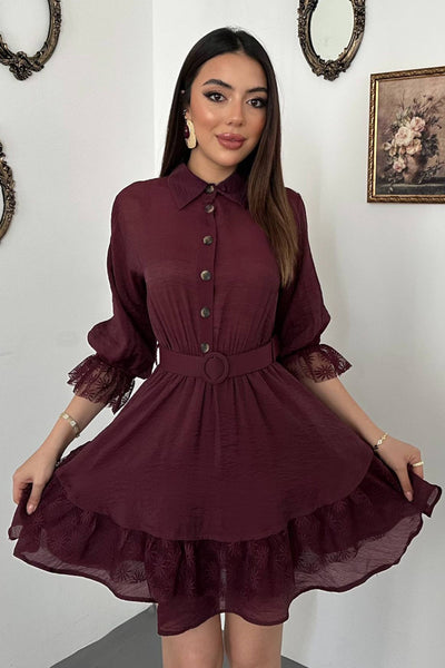 Bordo Önü Patlı Dantelli Elbise