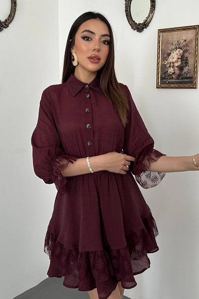 Bordo Önü Patlı Dantelli Elbise