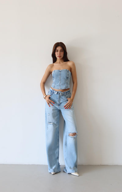 Ice Blue Bustier with Accordion Detail and Back Zipper