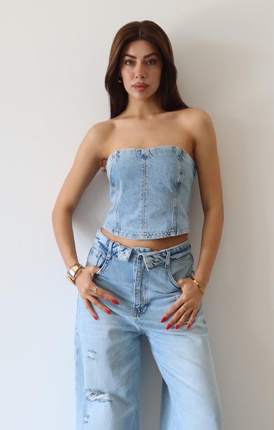Ice Blue Bustier with Accordion Detail and Back Zipper