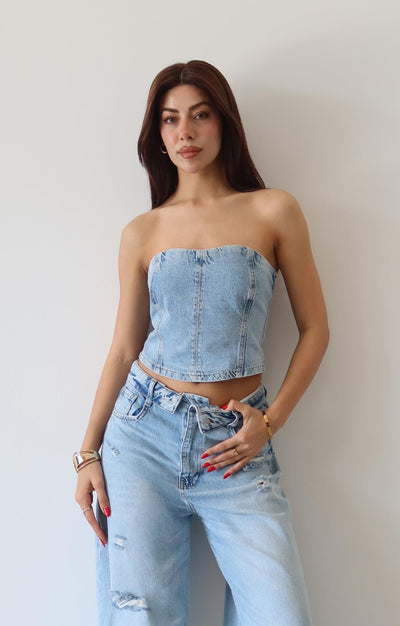 Ice Blue Bustier with Accordion Detail and Back Zipper
