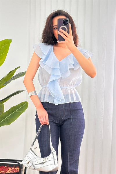 Bluza de Toptan Albastru Bebe cu Talie Elastic și Franje