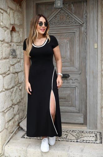 Rochie damă lungă din viscoză, cu guler rotund reiat, albă, cu detalii crăpături, 35592