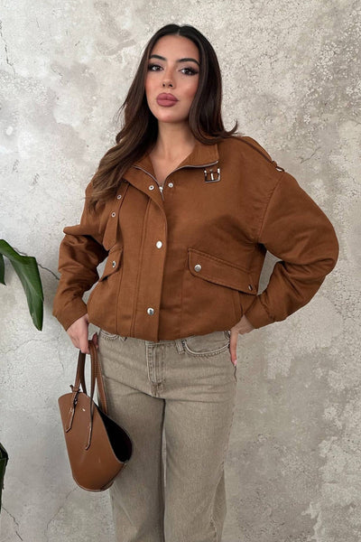Camel Dik Yakalı Kısa Ceket