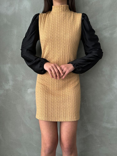 Leather Sleeves Turtleneck Knee-Length Wholesale Dress - Camel