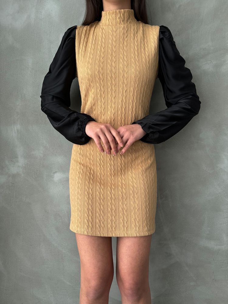 Leather Sleeves Turtleneck Knee-Length Wholesale Dress - Camel