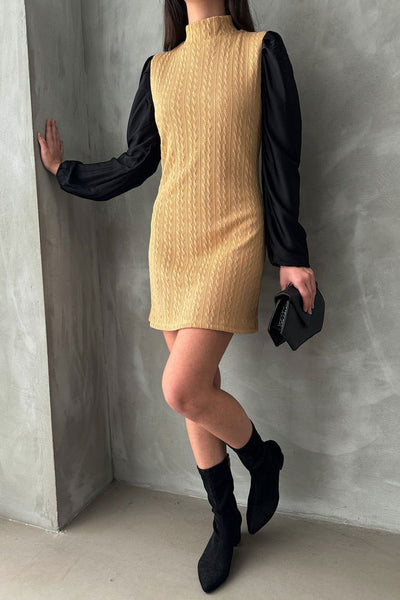 Leather Sleeves Turtleneck Knee-Length Wholesale Dress - Camel