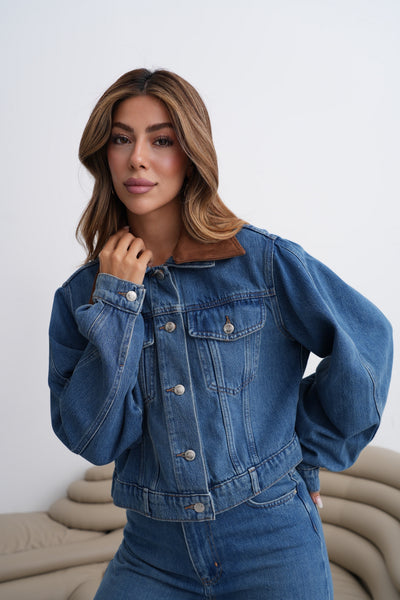 Yaka Süet Detaylı 5 Düğmeli Cepli Dark Blue Jean Ceket