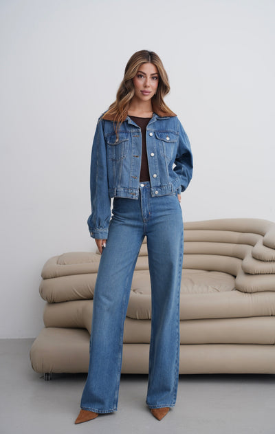 Yaka Süet Detaylı 5 Düğmeli Cepli Dark Blue Jean Ceket