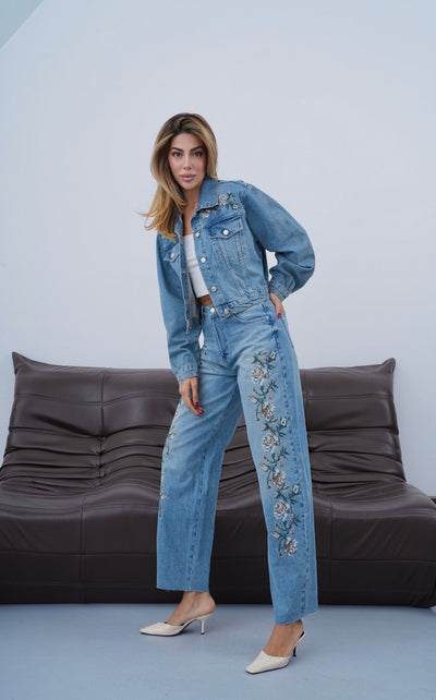Nakış İşleme Detaylı Bej Tint Jean Ceket
