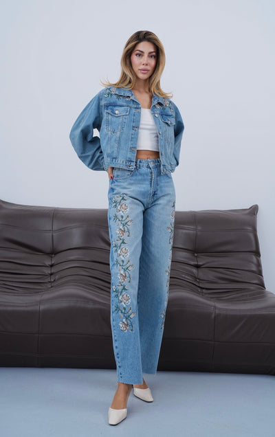 Nakış İşleme Detaylı Bej Tint Jean Ceket