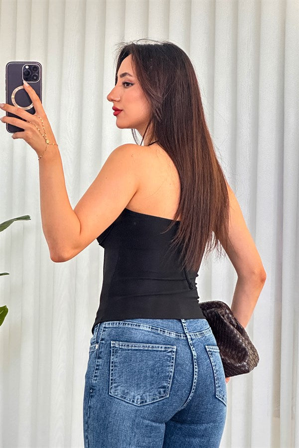 Bustier Negru Balenă cu Legătură la Gât fără Bretele Marfă Gros