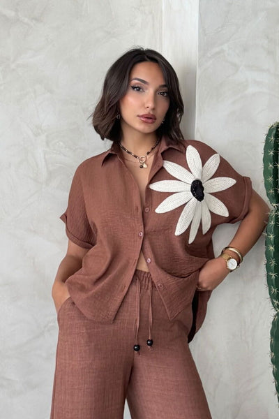 Floral Detail Wholesale Shirt - Coffee | Topshow