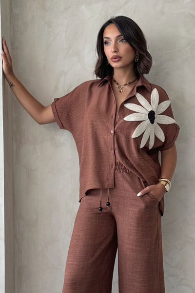 Floral Detail Wholesale Shirt - Coffee | Topshow