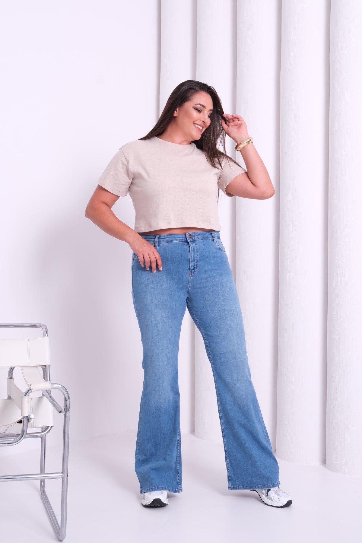 Yüksek Bel Battal Kesim Yarım İspanyol Paça Blue Jean Pantolon