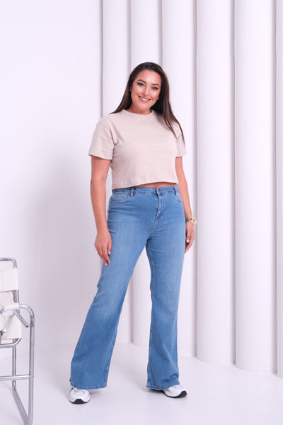 Yüksek Bel Battal Kesim Yarım İspanyol Paça Blue Jean Pantolon
