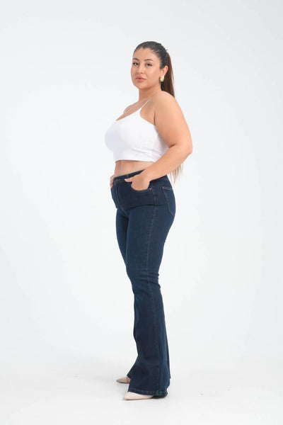 Yüksek Bel İspanyol Paça Dark Blue Jean Pantolon
