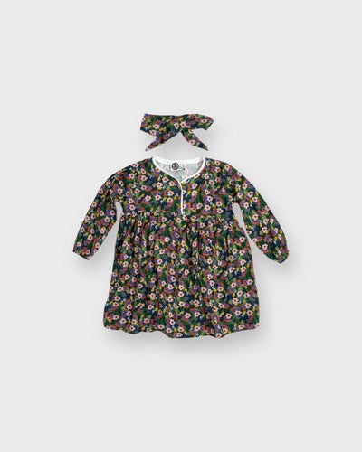 Kız Çocuk Çiçekli Pamuk Elbise ve Fiyonk Toka | 3–9 Yaş | RG Brand | RG1458 - MOR