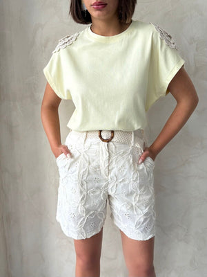 Omuzu Dantelli t-Shirt - Sarı - D2532 | Topshow