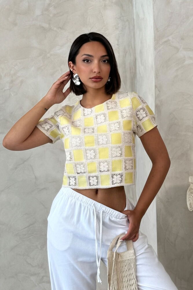 Bluză croșetată en-gros cu model în carouri, cu mânecă scurtă - Galben | Topshow